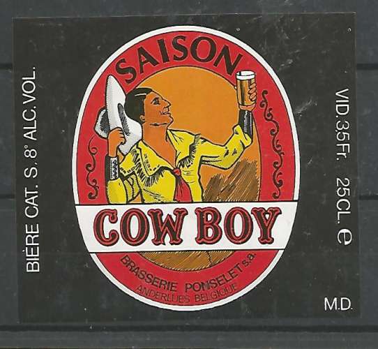 Etiquette de Bière - Belgique - Saison Cow Boy - 33 cl - Brie Ponselet - Neuve