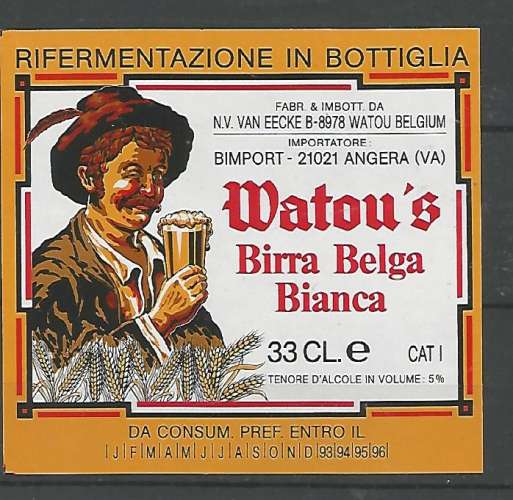 Etiquette de Bière - Belgique - Watou's Birra Blanca - 33 cl - Brie Van Eecke - Neuve