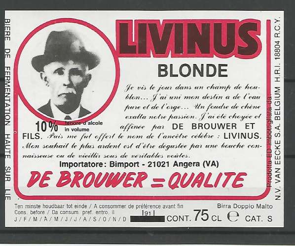 Etiquette de Bière - Belgique - Livinus Blonde - 75 cl - Brie Van Eecke - Neuve