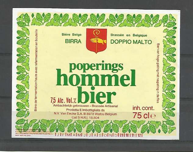 Etiquette de Bière - Belgique - Poperings Hommel Bier - 75 cl - Brie Van Eecke - Neuve