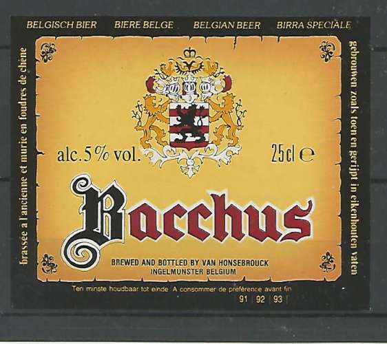 Etiquette de Bière - Belgique - Bacchus  - 25 cl - Brie Van Honsebrouck - Neuve