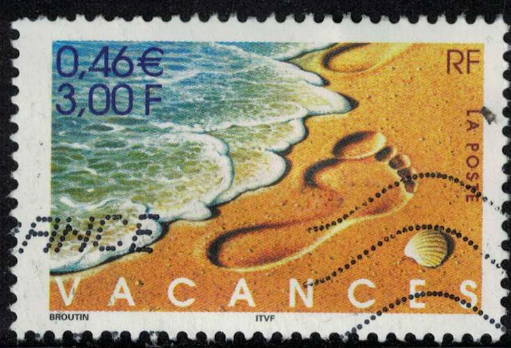 France 2001 Oblitéré Used Vacances Mer Coquillage trace de pied dans le sable Y&T 3399 SU