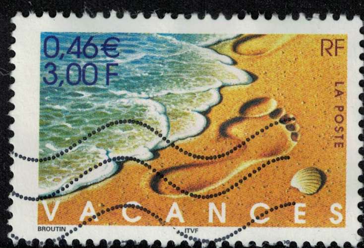 France 2001 Oblitéré Used Vacances Mer Coquillage trace de pied dans le sable Y&T 3399 SU