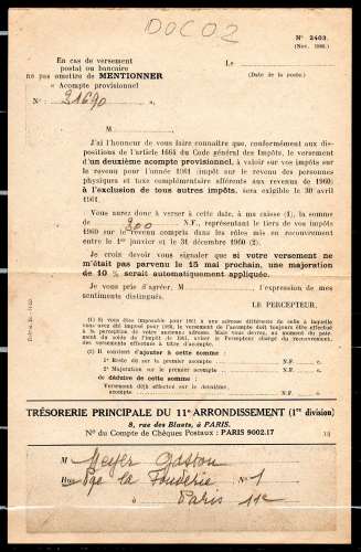 Tresorerie Principale Paris 11° / Formulaire N°2403 / 2* tiers 1961