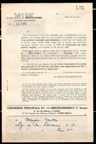 Tresorerie Principale Paris 11° / Formulaire N°2403 / 1* tiers 1960