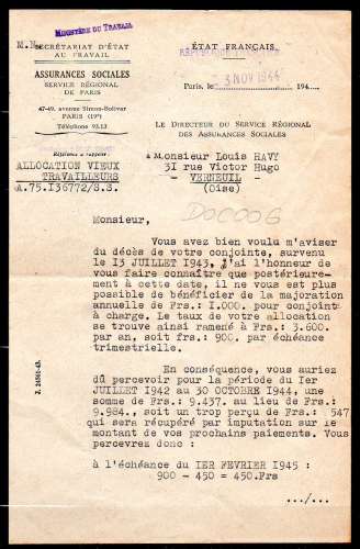 Ministere du travail assurances sociales 1944 / Regularisation pension