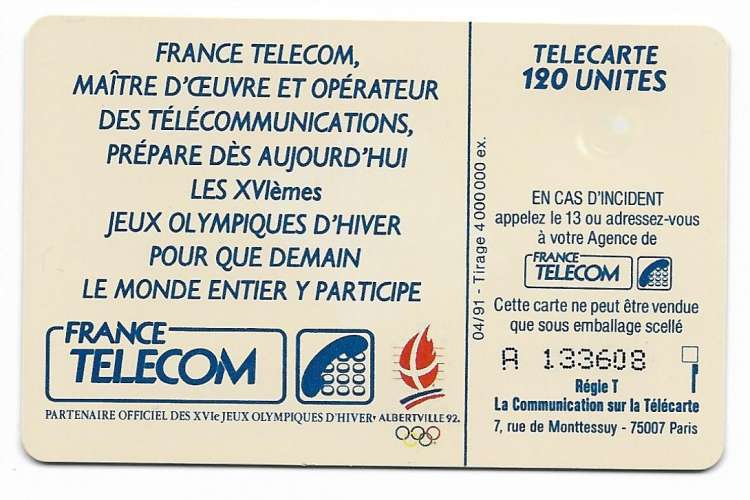 Télécarte 04/1991 - F151A - 120 U - S03 - Numéro A 133608 - Jeux olympiques d'Hiver (utilisée) 