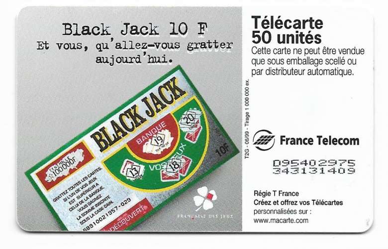 Télécarte 06/1999 - F982 - 50 U - OB2 st - Double numérotation D95402975 et 343131409 - Black Jack