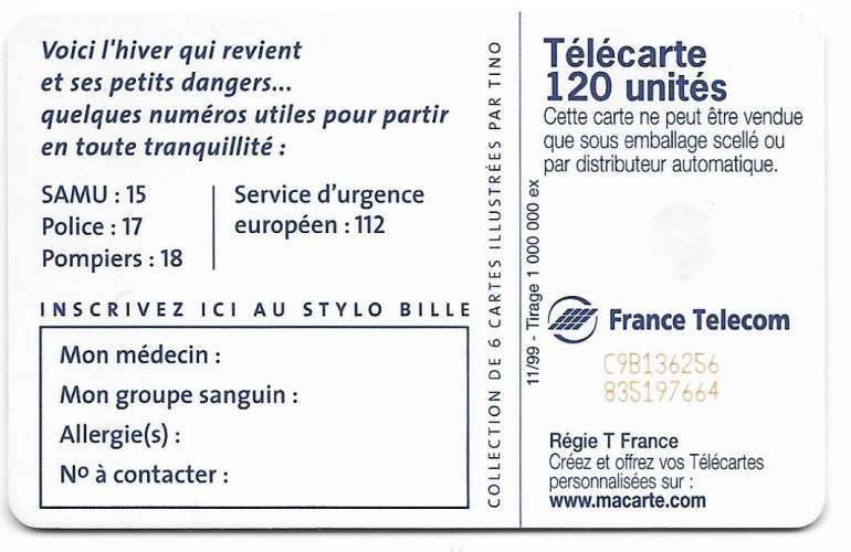 Télécarte 11/1999 - F1023 - 120 U - SC7 st - Double numérotation rouge C9B136256 et 835197664