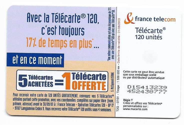 Télécarte 07/2001 - F1148 - 120 U - OB2 st - Double numérotation D15413239 et 452438777 - Plus de te