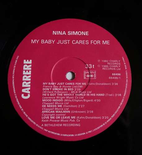 1987 France Vinyl LP Compilation,Reissue Nina Simone My baby just cares for me Carrere 66496