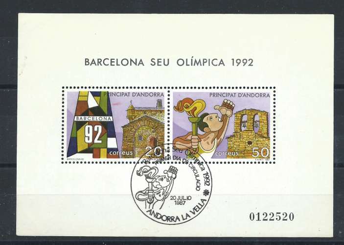 Andorre Espagnol Bloc N°2 Obl (FU) 1987 - Barcelone siège des J.O de 1992 - Oblitération 1er jour 