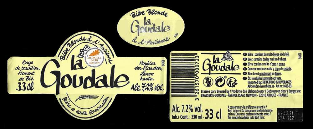 Etiquette Bière Française - La Goudale Blonde à l'ancienne - Alc. 7,2 % - étiquettes décollées