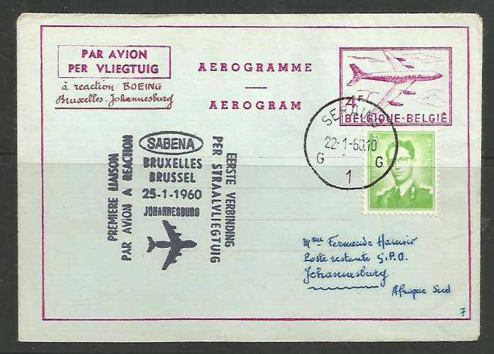 Belgique - Aérophilie - Aérogramme - 1er Liaison aérienne - Sabena - Bruxelles Johannesburg