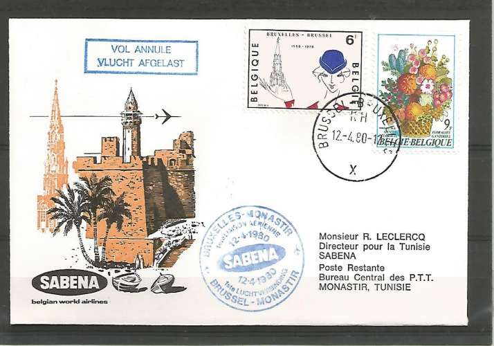 Belgique - Aérophilie - Lettre - 1er liaison aérienne - Sabena -  Bruxelles Monastir