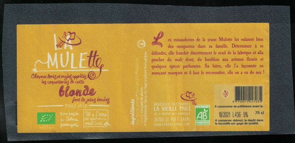 France Étiquette Bière Beer Label La Mulette Blonde Pale Ale Brasserie La Vieille Mule