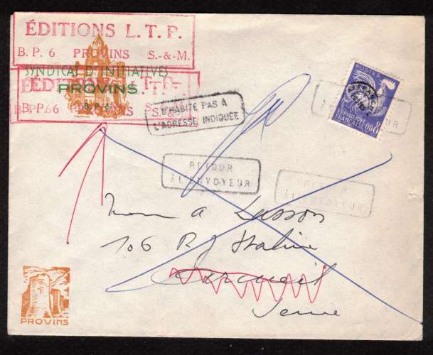 France 1960 timbre préoblitéré coq gaulois Y&T 119 (o) 0,08 F sur lettre retour à l'envoyeur