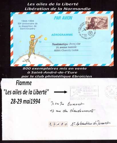 France 1994 non voyagé et plié 1021-AER 1944-1994  Saint-Exupéry Les Ailes de la Liberté