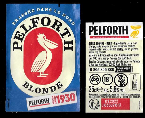 Etiquettes Bière Française - Pelforth blonde - Alc 5,8% 25cl - étiquettes décollées