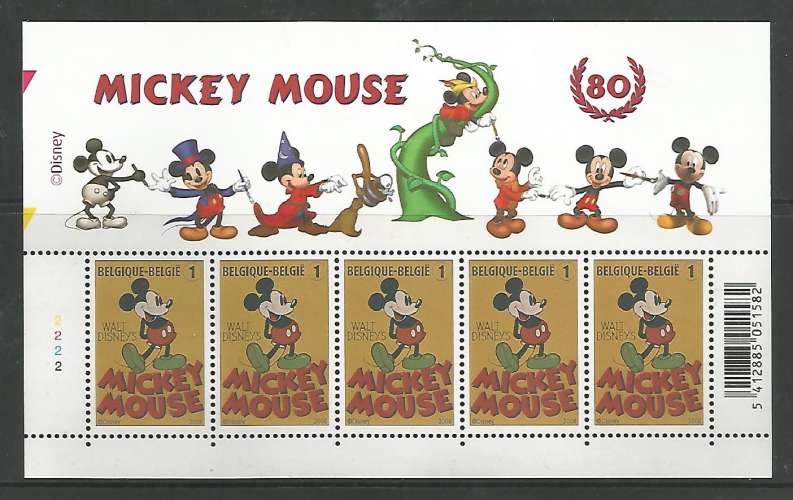 Belgique - 2008 - 80 ans de MICKEY MOUSE - Bloc de 5 - Tp n° 3784 - Neuf **