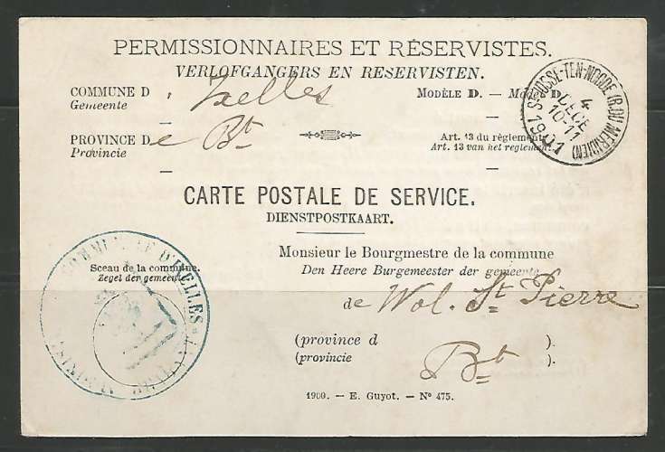 Belgique - 1901 - Carte Postale de Service de Permissionnaires et Réservistes