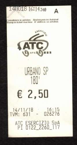 Italie 2018  Cinque Terre  ticket de bus Urbano SP 180'  Porto Venere- La Spezia du 14/11 16;14