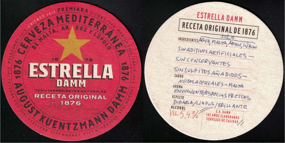 Espagne Sous Bock Beermat Coaster Estrella Damm Cerveza Mediterránea