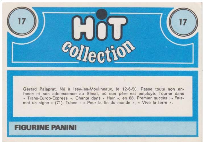 CARTE HIT COLLECTION FIGURINE PANINI N° 17 - GÉRARD PALAPRAT - Disques AZ