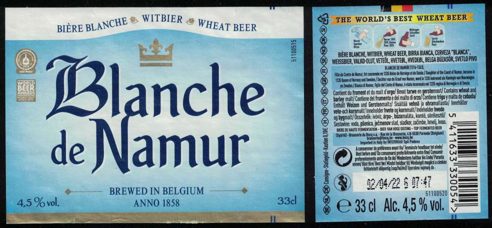 Belgique Lot 2 Etiquettes Bière Beer Labels Blanche de Namur