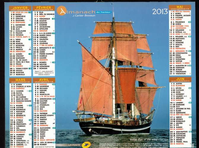 Calendrier 2014 almanach du facteur  J Cartier Bresson voilier Eye of the wind et Pride of Baltimore