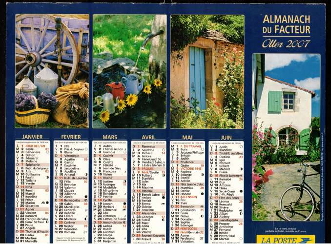 Calendrier 2007 almanach du facteur  Oller bouquets de roses, bicyclettes, statue, porte, charrette