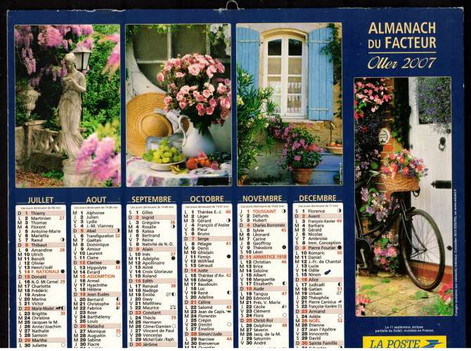 Calendrier 2007 almanach du facteur  Oller bouquets de roses, bicyclettes, statue, porte, charrette
