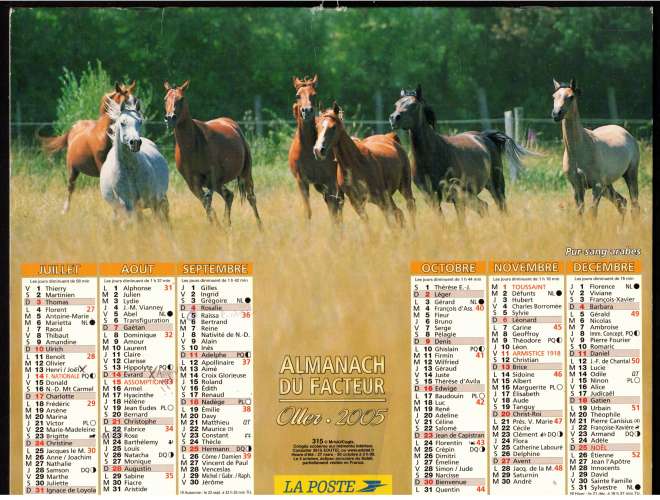 Calendrier 2005 almanach du facteur  Oller - cheval andalou - pur-sang arabes