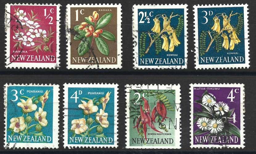 Nouvelle-Zélande - Y & T : 386 et 498 - Fleurs : 8 valeurs