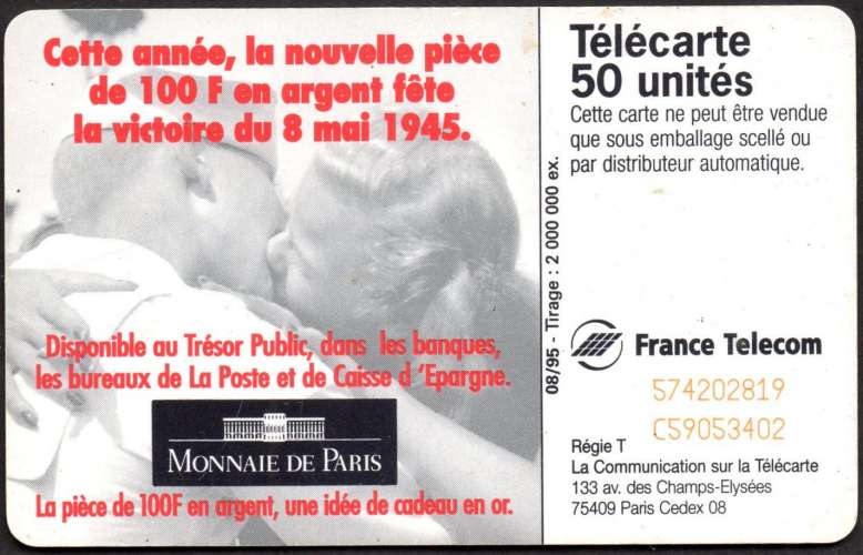 28/402 - Télécarte 50 - 08/95 - 8 mai 1945 - Monnaie de Paris