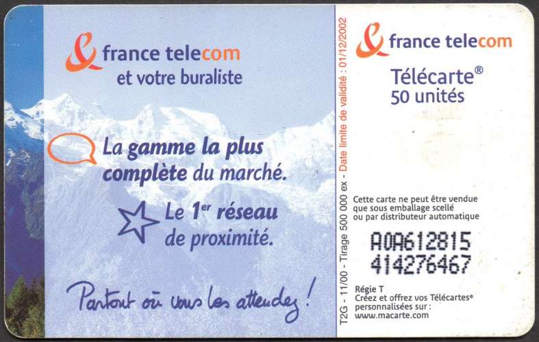 55/467 - Télécarte 50 - 11/00 - France Telecom et votre buraliste -Montagne