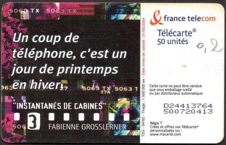 93/413 - Télécarte 50 - 04/02 - Cabine téléphonique
