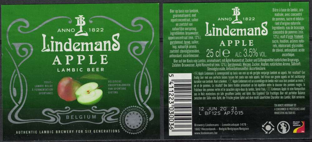 Belgique Lot 2 Étiquettes Bière Beer Labels Lindemans Apple Lambic Beer