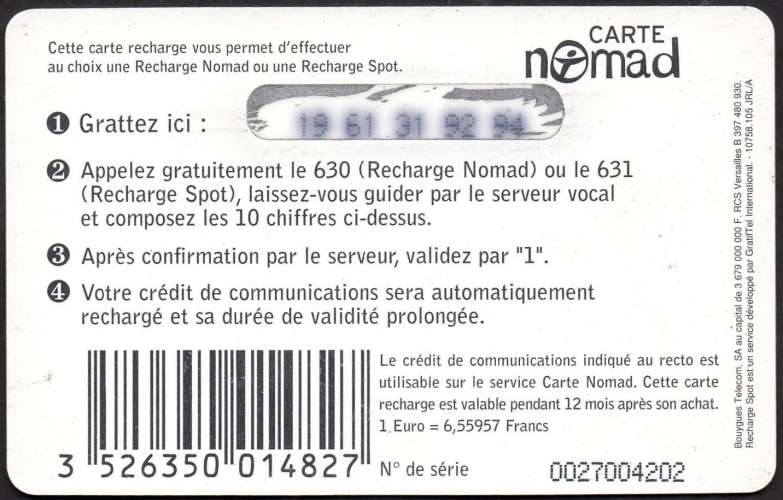 441/827 - Télécarte prépayée - Nomad - Bouygues Telecom 441/827 - Télécarte prépayée - Nomad - Bouygues Telecom