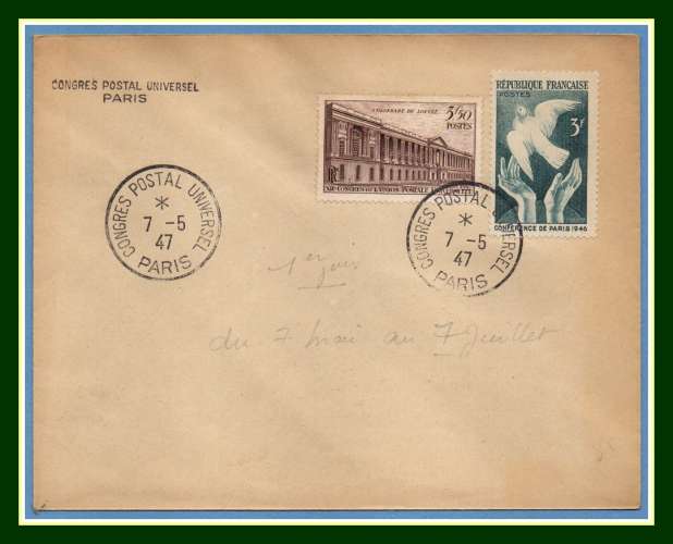 FDC N° 780 UPU 1947 + 761 Paris (cote XX)