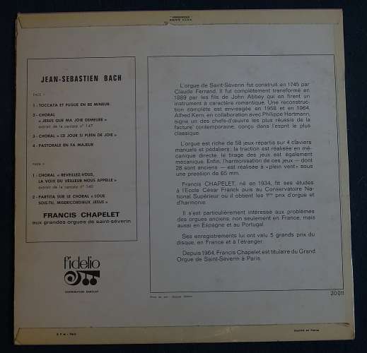  Vinyle L P J S Bach Toccata et fugue en ré.mineur.. Francis Chapelet Fidelio Mono + Stereo 20011 