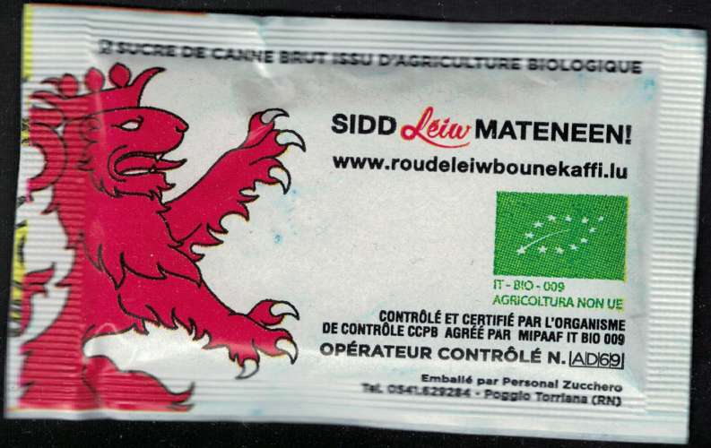 Luxembourg Sachet Sucre Sugar packet Bio Roude Léiw Boune Kaffi Zocker Lion Héraldique