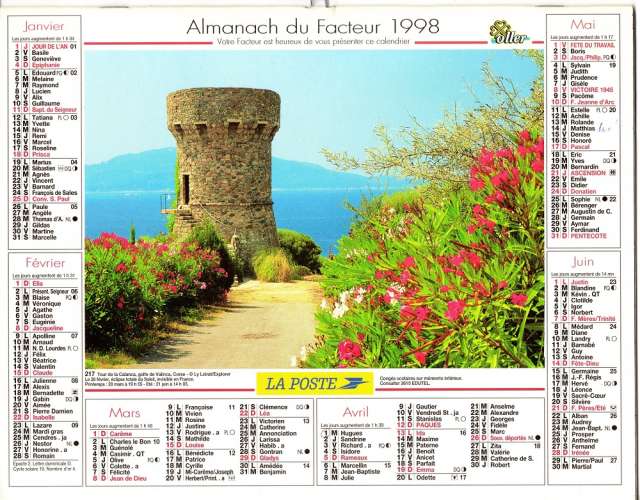 Calendrier 1998 - Almanach du facteur - Intérieur cartes Région Parisienne