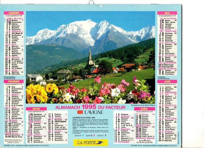 Calendrier 1995 - Almanach du facteur - Intérieur cartes Région Parisienne