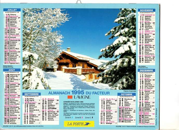 Calendrier 1995 - Almanach du facteur - Intérieur cartes Région Parisienne