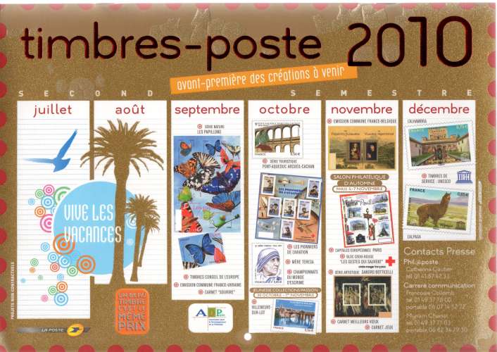 Calendrier 2010 - A l'intérieur reproductions de timbres de 2010 