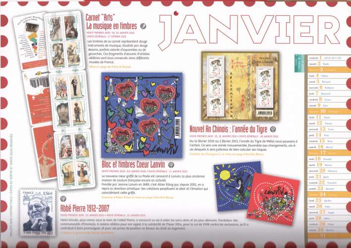 Calendrier 2010 - A l'intérieur reproductions de timbres de 2010 