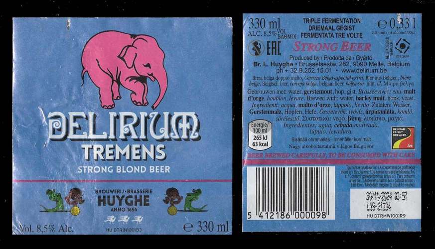 Etiquettes Bière Belge - Delirium Tremens - strong blond beer