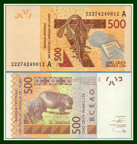 Côte d'Ivoire Billet 500 CFA Neuf (non circulé) 2012 Hippopotame