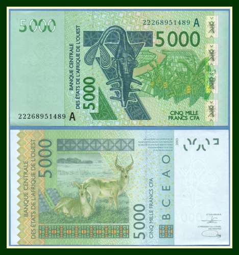 Côte d'Ivoire Billet 5000 CFA Neuf (non circulé) 2003 Antilope